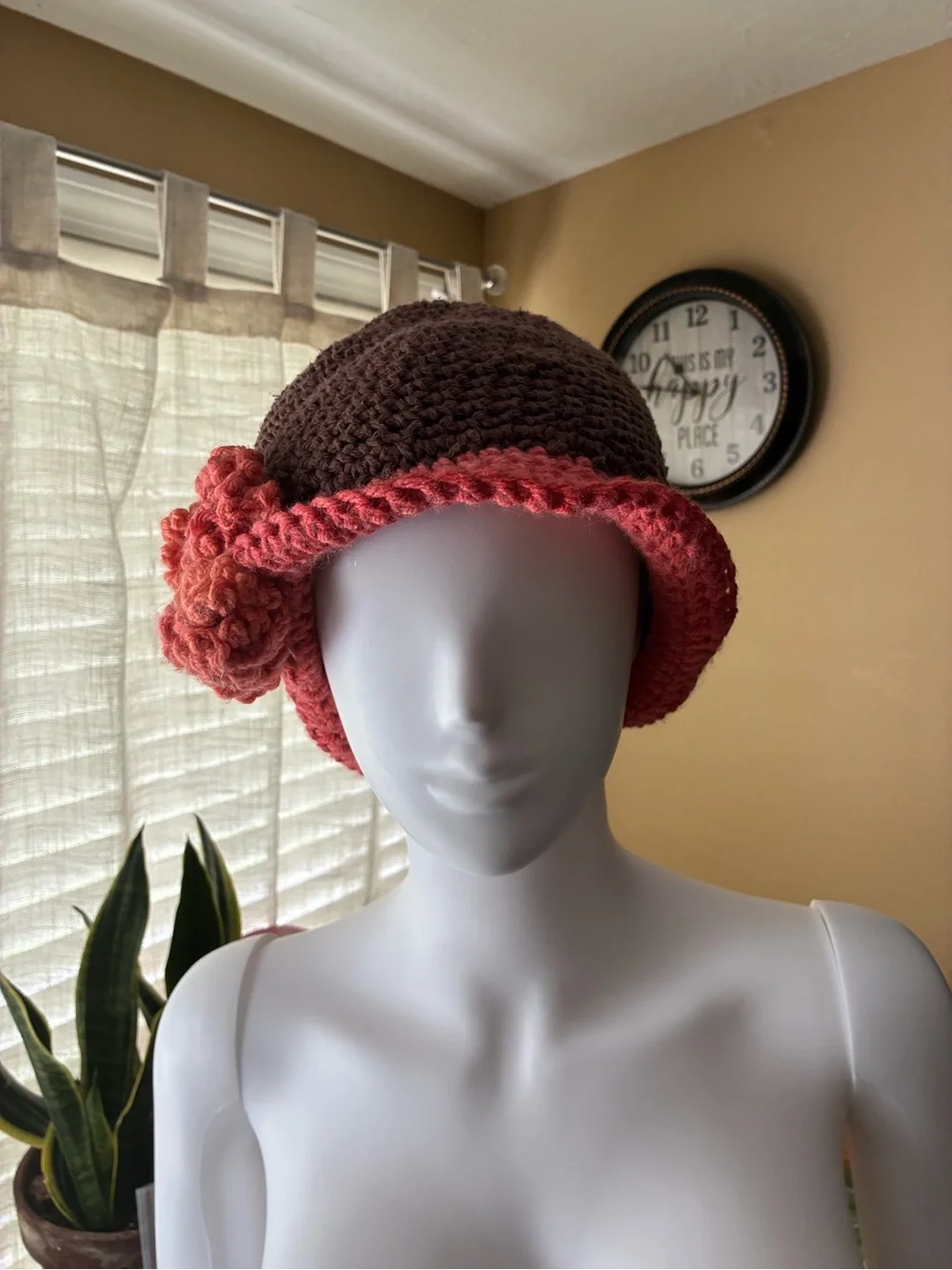 Crocheted Brown and Coral Cloche Hat with Floral Accent
